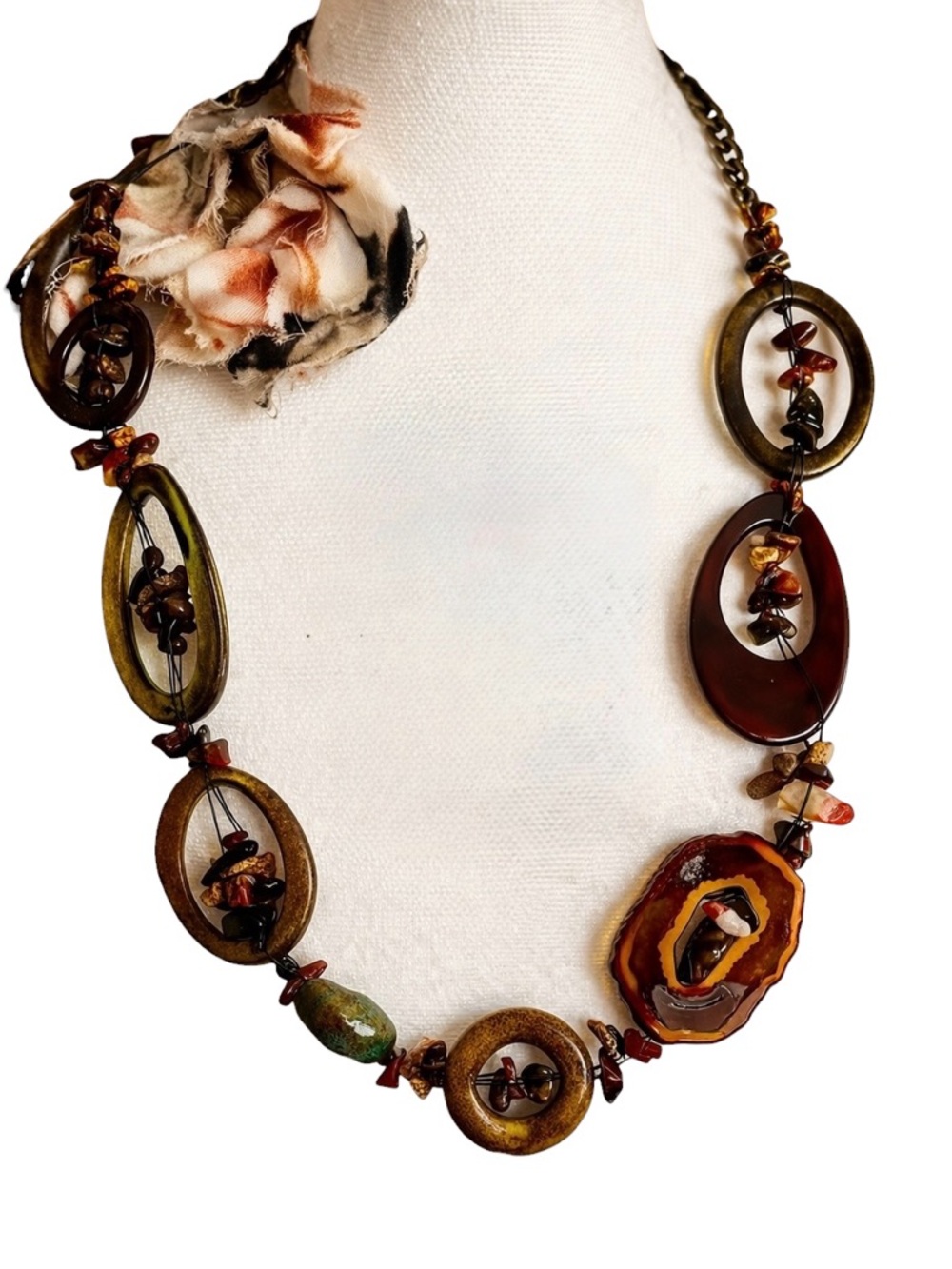 Boho Artisan Necklace Agate Slice Acrylic Resin Mixed Media Chunky Brass 30”